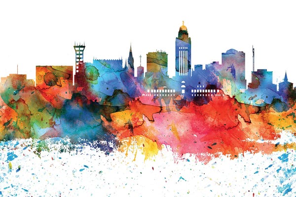 Nebraska: Lincoln Colorful Watercolor Skyline by WallDecorAddict