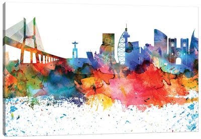 Lisbon Colorful Watercolor Skyline Canvas Art Print - Portugal Art