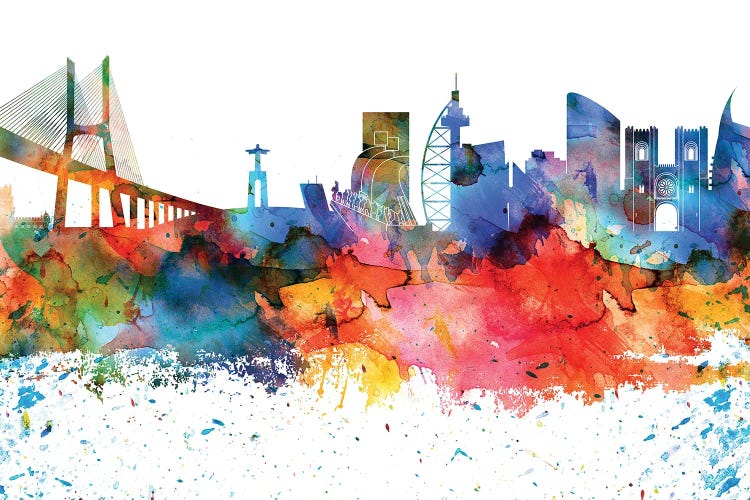Lisbon Colorful Watercolor Skyline by WallDecorAddict wall art