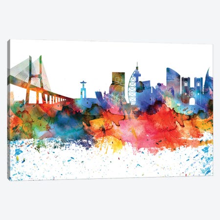 Lisbon Colorful Watercolor Skyline Canvas Print #WDA1318} by WallDecorAddict Canvas Wall Art