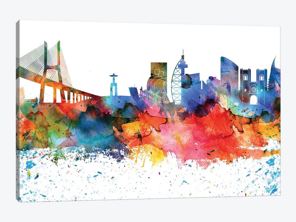 Lisbon Colorful Watercolor Skyline by WallDecorAddict 1-piece Canvas Print