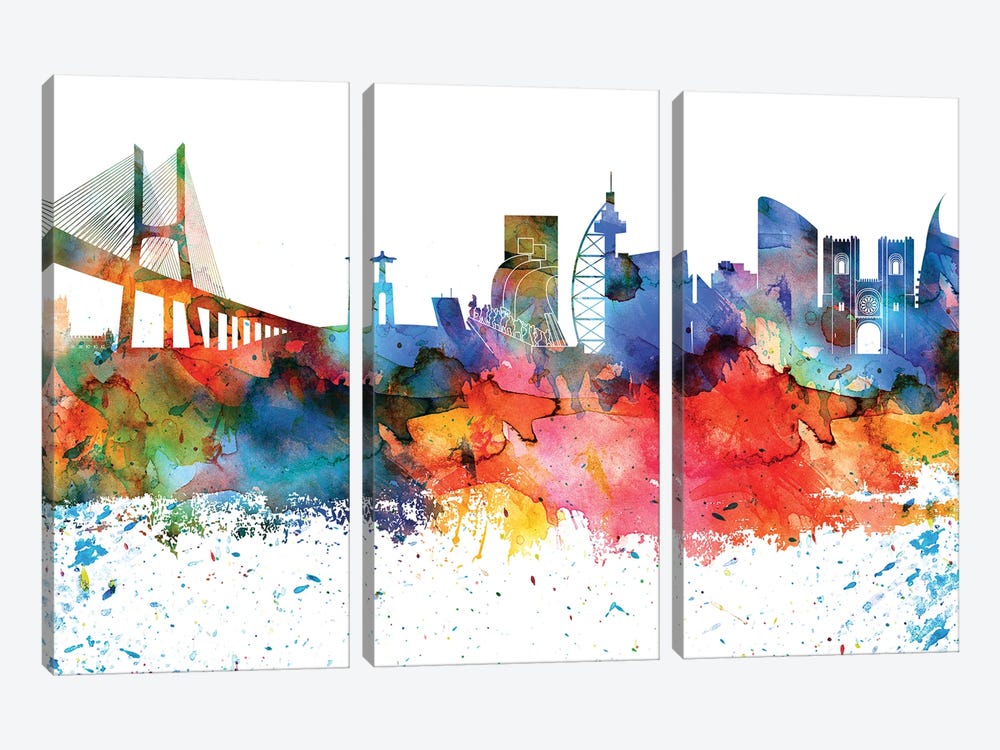 Lisbon Colorful Watercolor Skyline by WallDecorAddict 3-piece Canvas Print