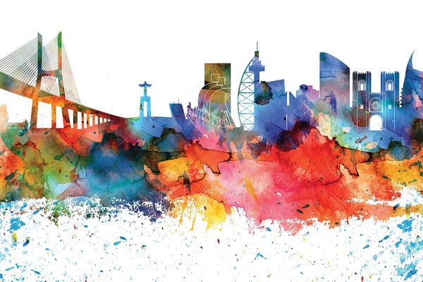 Lisbon: Lisbon Colorful Watercolor Skyline by WallDecorAddict