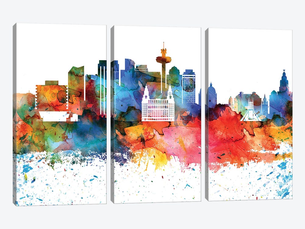Liverpool Colorful Watercolor Skyline 3-piece Canvas Wall Art