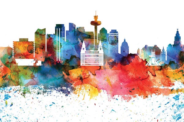 Liverpool: Liverpool Colorful Watercolor Skyline by WallDecorAddict