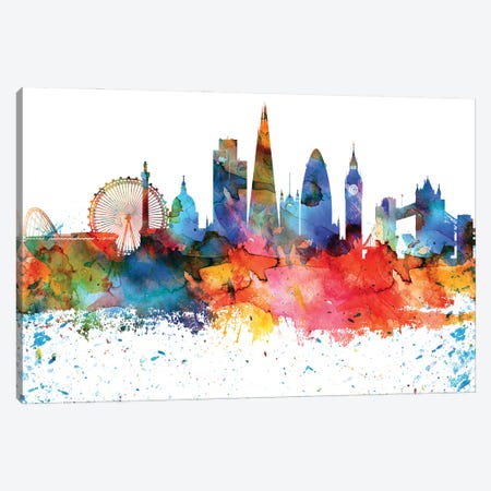 London Colorful Watercolor Skyline Canvas Print #WDA1320} by WallDecorAddict Canvas Art Print