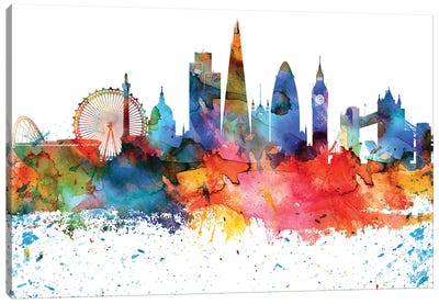 London Colorful Watercolor Skyline Canvas Art Print - London Skylines