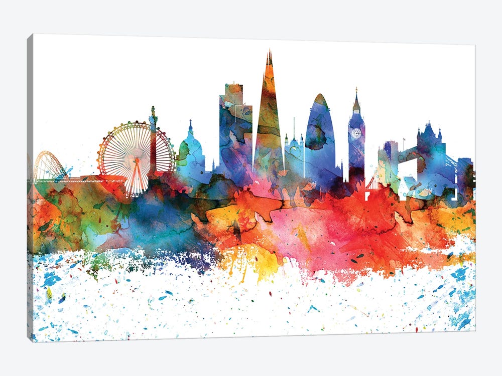 London Colorful Watercolor Skyline by WallDecorAddict 1-piece Canvas Wall Art