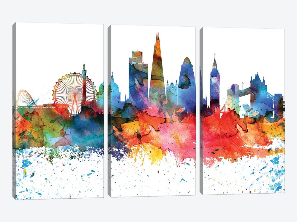 London Colorful Watercolor Skyline by WallDecorAddict 3-piece Canvas Art