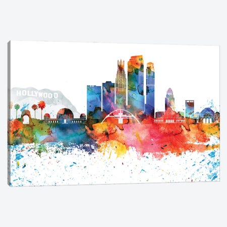 Los Angeles Colorful Watercolor Skyline Canvas Print #WDA1321} by WallDecorAddict Canvas Print