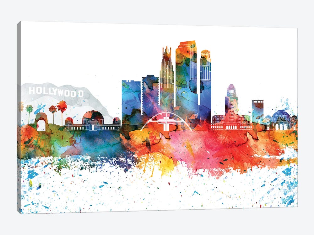 Los Angeles Colorful Watercolor Skyline by WallDecorAddict 1-piece Canvas Print