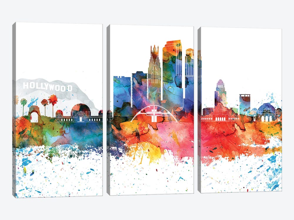 Los Angeles Colorful Watercolor Skyline by WallDecorAddict 3-piece Canvas Art Print