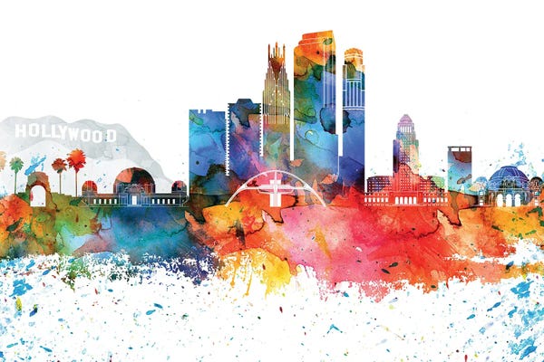 WallDecorAddict: Los Angeles Colorful Watercolor Skyline by WallDecorAddict