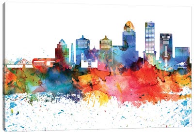 Louisville Colorful Watercolor Skyline Canvas Art Print - Louisville