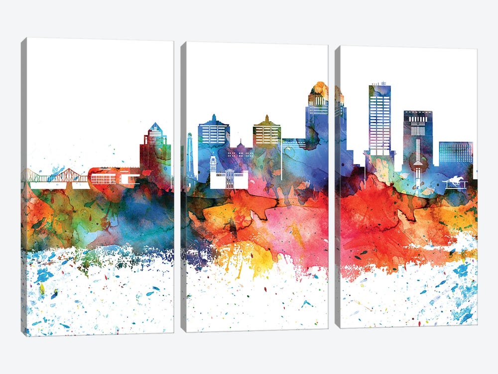 Louisville Colorful Watercolor Skyline by WallDecorAddict 3-piece Canvas Artwork