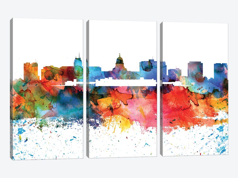 Madison Colorful Watercolor Skyline by WallDecorAddict 3-piece Canvas Artwork