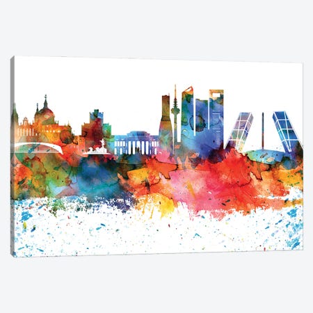 Madrid Colorful Watercolor Skyline Canvas Print #WDA1325} by WallDecorAddict Canvas Artwork