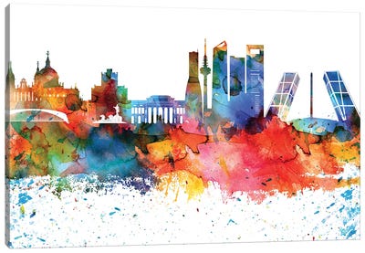 Madrid Colorful Watercolor Skyline Canvas Art Print - Community Of Madrid Art