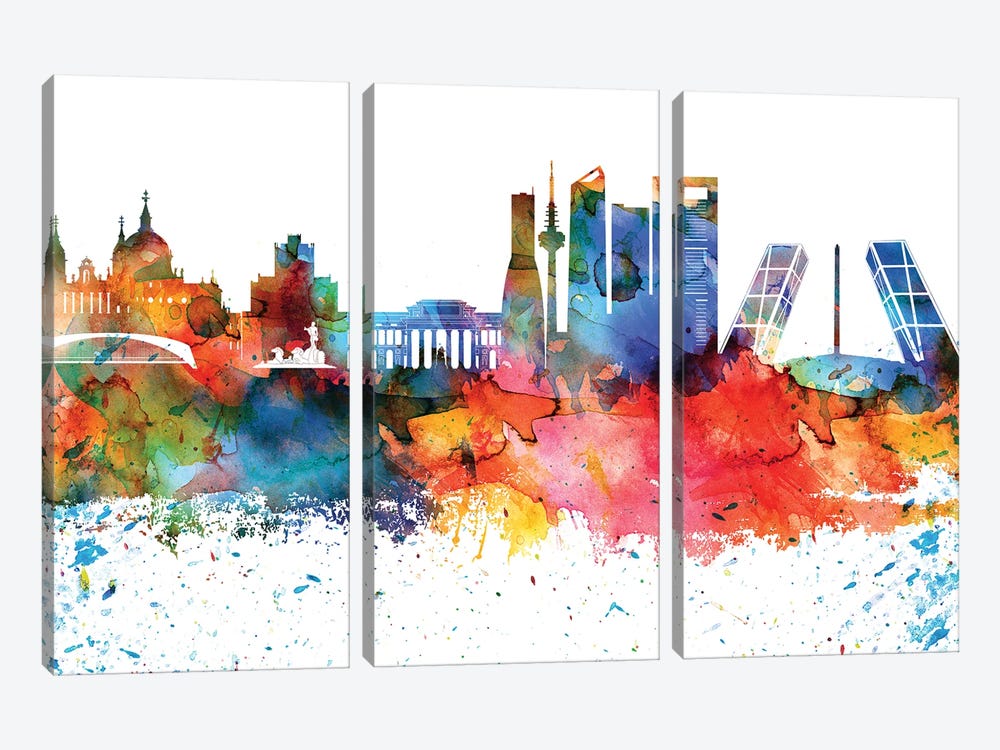 Madrid Colorful Watercolor Skyline by WallDecorAddict 3-piece Canvas Art Print