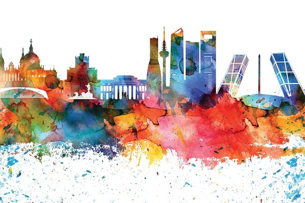 Community Of Madrid: Madrid Colorful Watercolor Skyline by WallDecorAddict