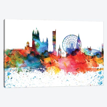 Manchester Colorful Watercolor Skyline Canvas Print #WDA1326} by WallDecorAddict Canvas Art
