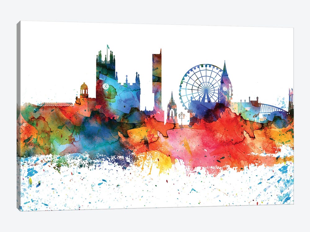 Manchester Colorful Watercolor Skyline by WallDecorAddict 1-piece Canvas Art