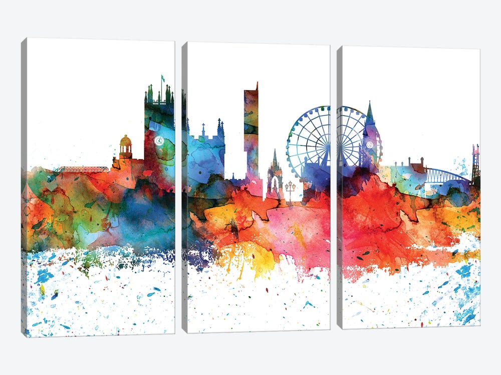 Manchester Colorful Watercolor Skyline by WallDecorAddict 3-piece Canvas Art