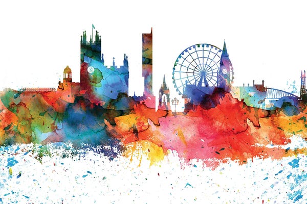 Manchester: Manchester Colorful Watercolor Skyline by WallDecorAddict