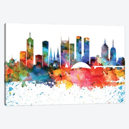 Melbourne Colorful Watercolor Skyline Canvas Print #WDA1328} by WallDecorAddict Canvas Art Print