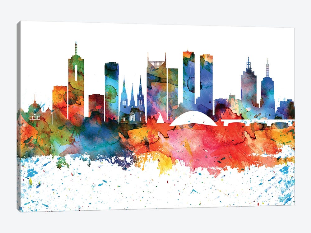 Melbourne Colorful Watercolor Skyline by WallDecorAddict 1-piece Canvas Artwork