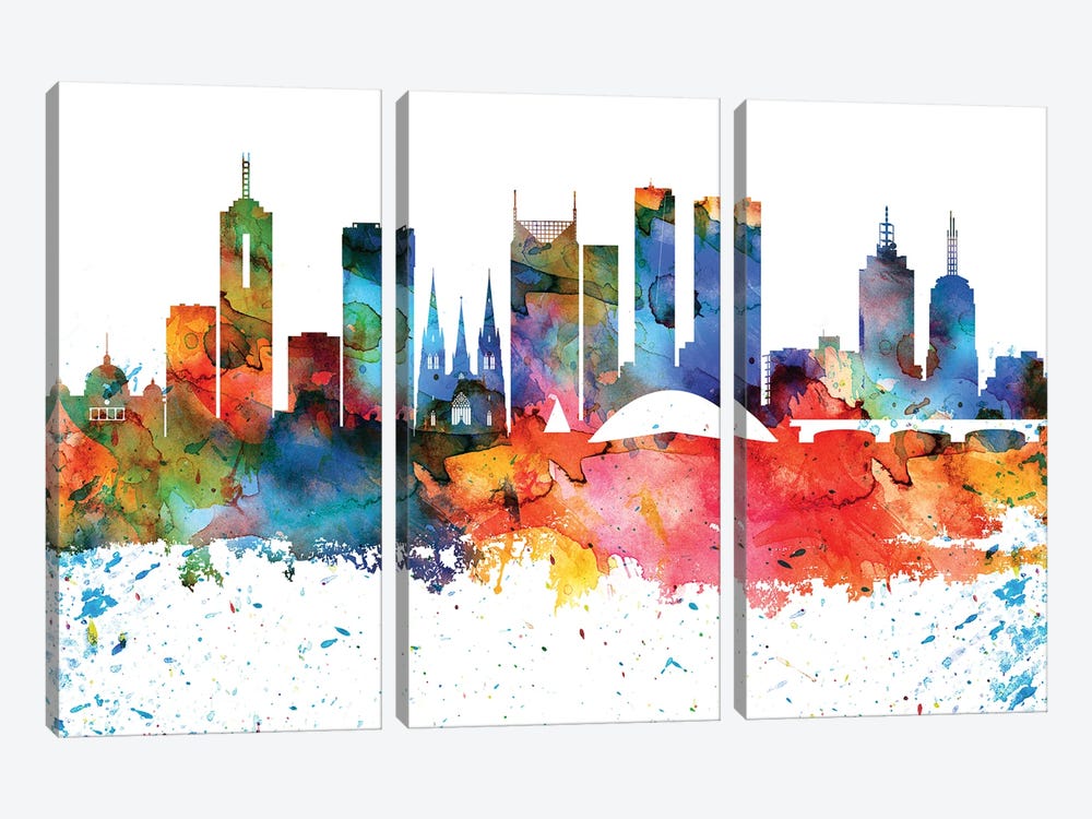 Melbourne Colorful Watercolor Skyline by WallDecorAddict 3-piece Canvas Art