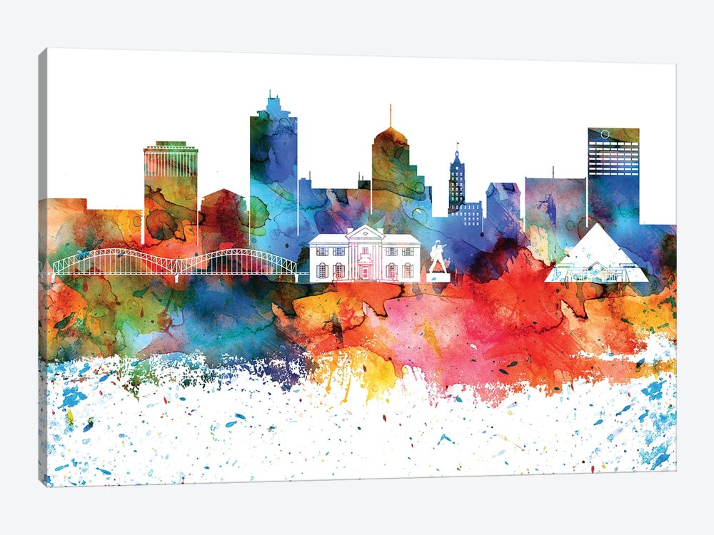 Memphis Colorful Watercolor Skyline by WallDecorAddict 1-piece Canvas Print