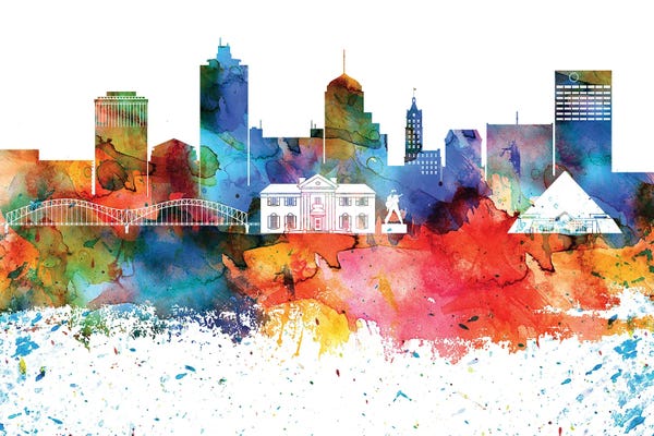 Tennessee: Memphis Colorful Watercolor Skyline by WallDecorAddict