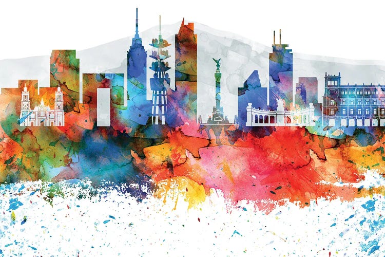 Mexico City Colorful Watercolor Skyline by WallDecorAddict wall art
