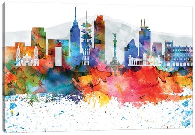 Mexico City Colorful Watercolor Skyline Canvas Art Print - Mexico Art