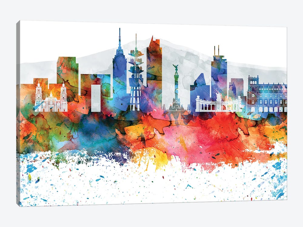 Mexico City Colorful Watercolor Skyline by WallDecorAddict 1-piece Canvas Print