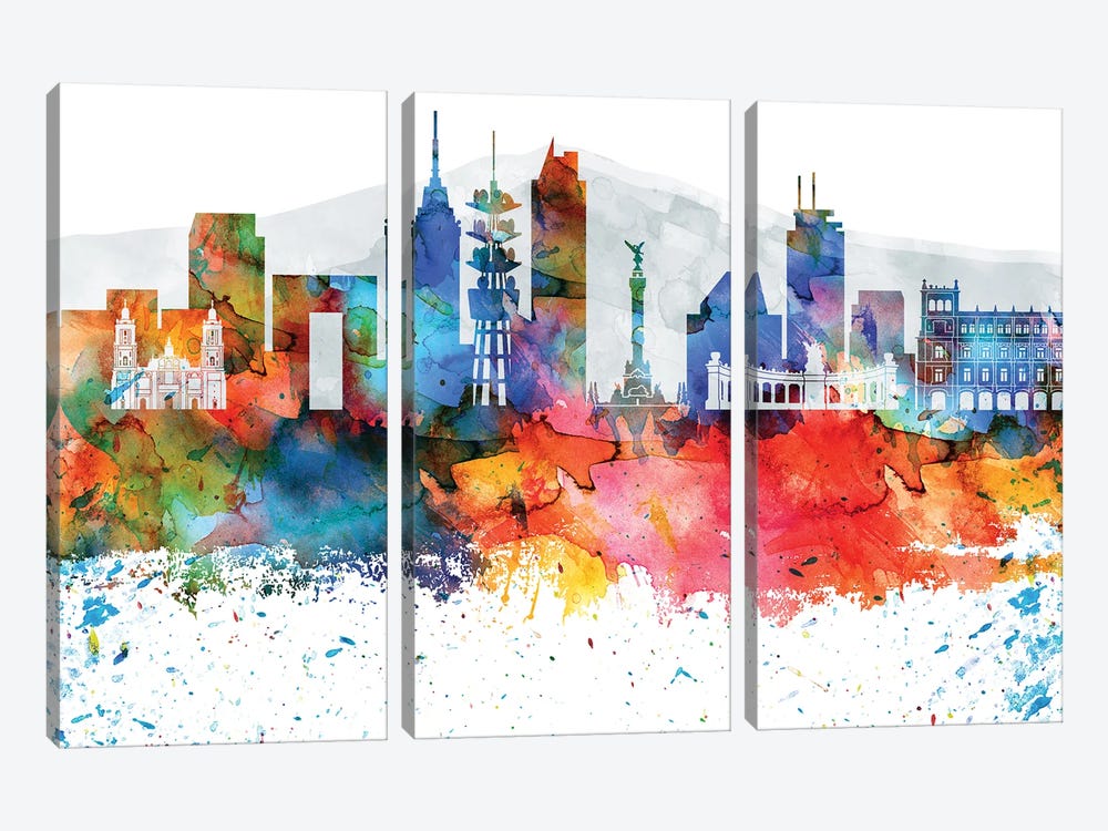 Mexico City Colorful Watercolor Skyline by WallDecorAddict 3-piece Art Print