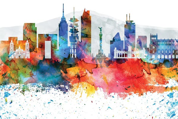 Mexico: Mexico City Colorful Watercolor Skyline by WallDecorAddict