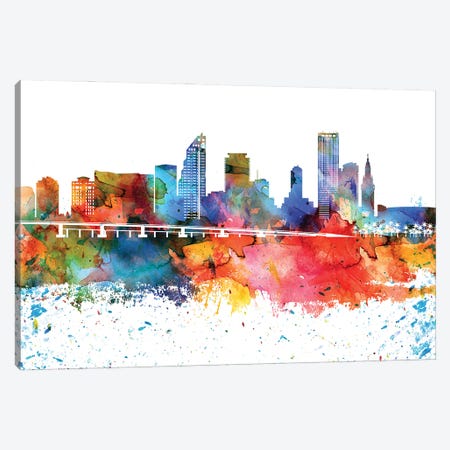 Miami Colorful Watercolor Skyline Canvas Print #WDA1331} by WallDecorAddict Canvas Art
