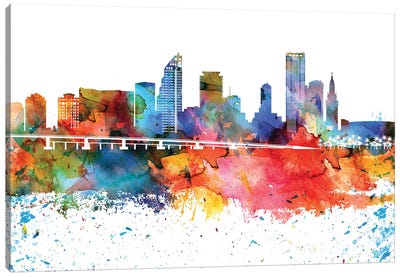 Miami Colorful Watercolor Skyline Canvas Art Print - Miami Art