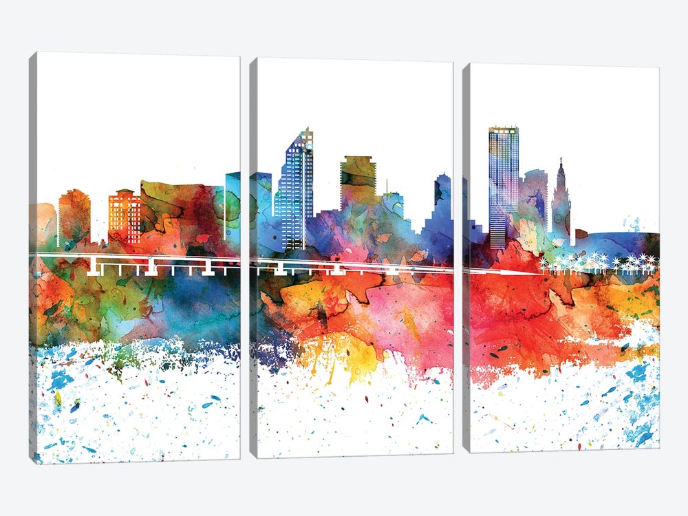 Miami Colorful Watercolor Skyline by WallDecorAddict 3-piece Canvas Art