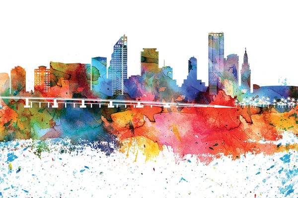 Miami Skylines: Miami Colorful Watercolor Skyline by WallDecorAddict