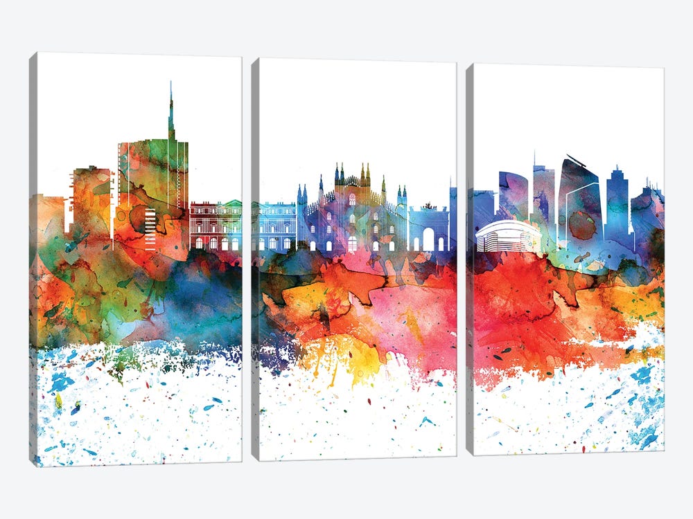Milan Colorful Watercolor Skyline by WallDecorAddict 3-piece Art Print