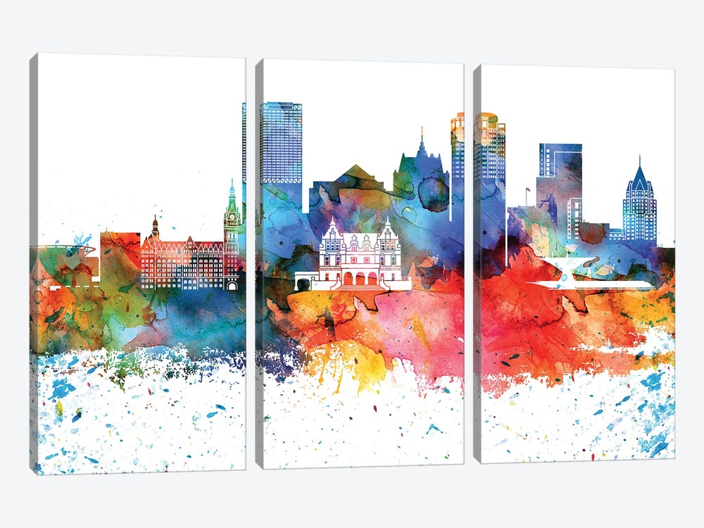 Milwaukee Colorful Watercolor Skyline by WallDecorAddict 3-piece Canvas Art