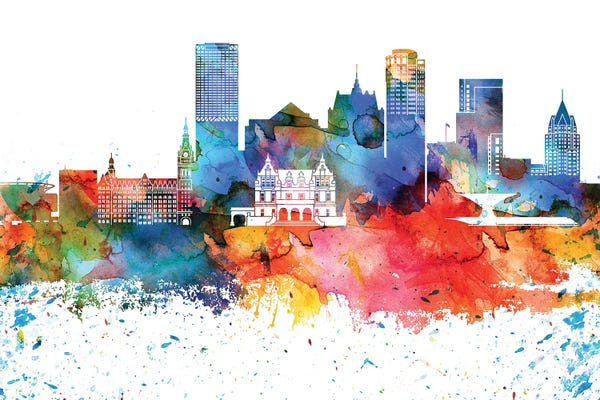 Milwaukee: Milwaukee Colorful Watercolor Skyline by WallDecorAddict