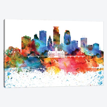 Minneapolis Colorful Watercolor Skyline Canvas Print #WDA1334} by WallDecorAddict Canvas Print