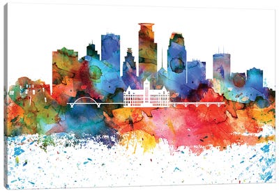 Minneapolis Colorful Watercolor Skyline Canvas Art Print - Minnesota Art