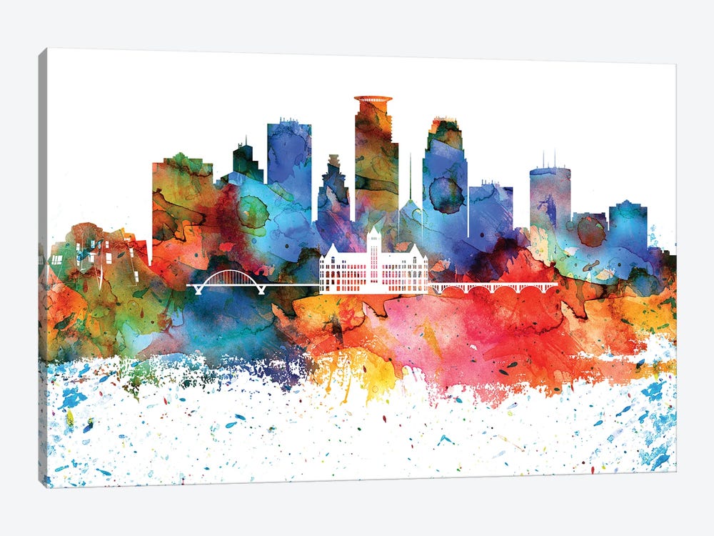 Minneapolis Colorful Watercolor Skyline by WallDecorAddict 1-piece Canvas Art Print