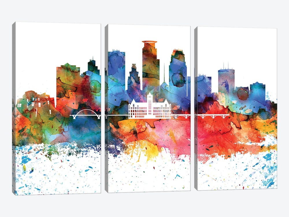 Minneapolis Colorful Watercolor Skyline by WallDecorAddict 3-piece Art Print