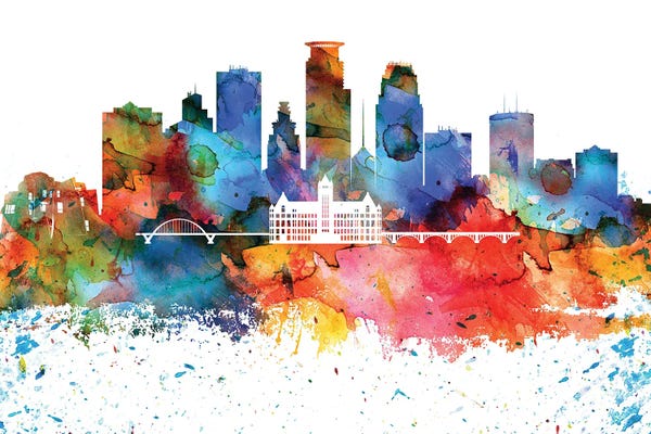 Minnesota: Minneapolis Colorful Watercolor Skyline by WallDecorAddict